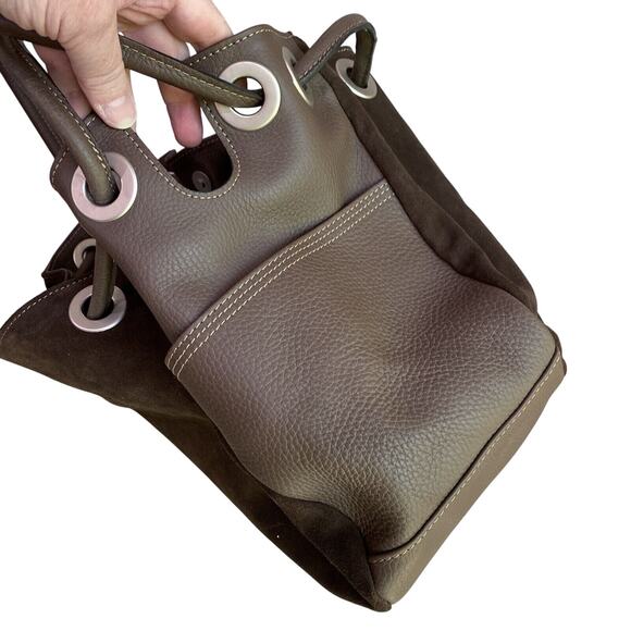 Vintage J Jill Brown Leather & Suede Boho Purse Grommet Cinch Boho Hobo Bag - Picture 3 of 8